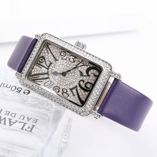 百搭 古欧气质满钻皮带时尚 手表女士方形真皮白色皮普通国产腕表