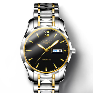 新款 冠琴瑞士品牌机械手 双日历男表 钨钢皮革男士手表饰品