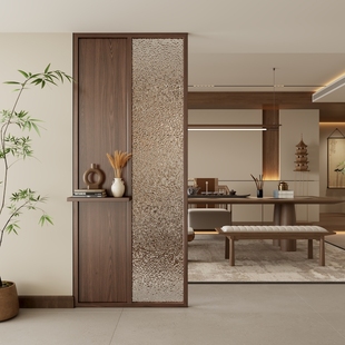 新中式实木水纹玻璃屏风隔断客厅餐厅入户玄关穿堂风遮挡简约现代