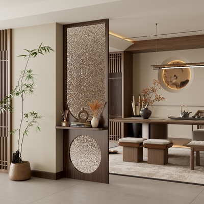 新中式实木水纹玻璃屏风隔断