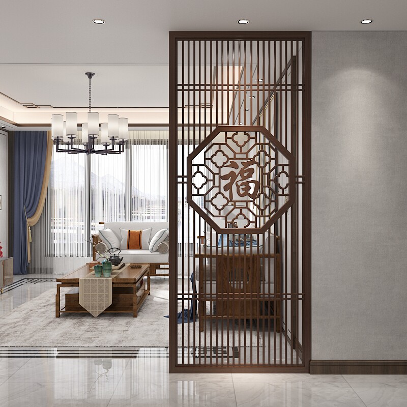 新中式实木屏风隔断客厅家用遮挡入户进门玄关镂空木格栅简约现代