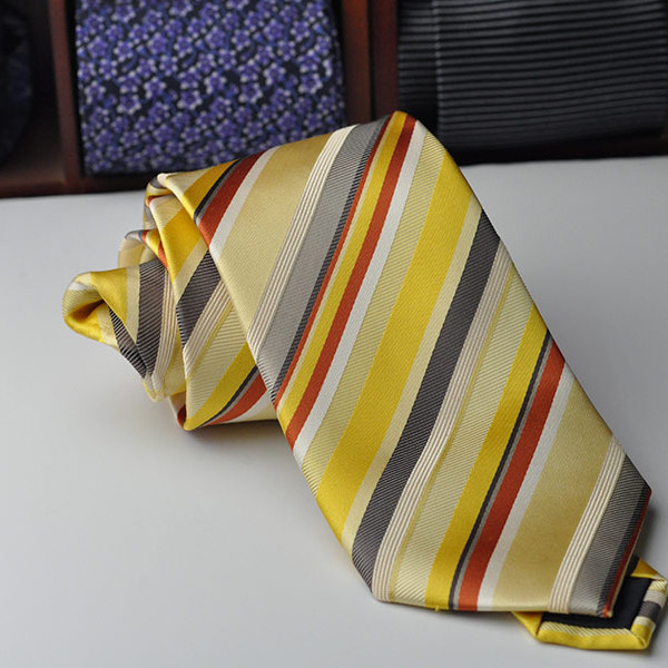 意大利绣花领带原单真丝男商务正装桑蚕丝复古黄色条纹结婚9cm
