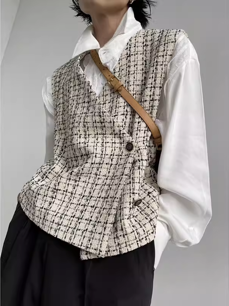 HOUNDSTOOTH 작은 향기로운 조끼 남자 틈새 셔츠 외부 작은 조끼 남자 패션 브랜드 하이 엔드 맞춤 조끼 여름