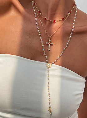 欧美十字架珍珠项链套装