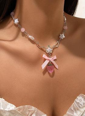 亚克力草莓吊坠项链小清新仿珍珠