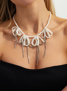 钻链蝴蝶结珍珠项链时尚气质