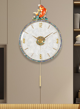 新中式锦鲤鱼戏珠挂钟时钟葫芦壁钟静音贝壳钟表客厅玄关餐厅壁钟