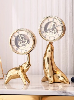 现代高档海豹座钟小象钟表家居客厅酒柜时钟办公室台钟装饰品摆件