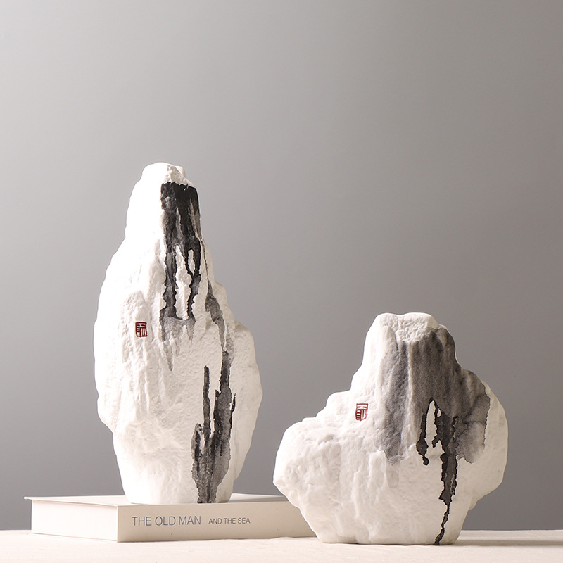 新中式创意陶瓷假山摆件水墨画假山书房博古架样板房软装饰品摆件