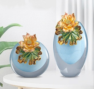 珐琅彩琉璃花瓶摆件高级感荷花花瓶客厅玄关酒柜高档装饰品摆件