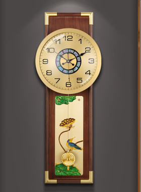 新中式实木客厅装饰挂钟带摇摆高档黄铜挂表禅意时钟轻奢挂墙时钟