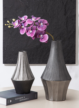 手工拉丝银灰色黑金陶瓷花瓶摆件色插花花器创意样板间酒柜摆件