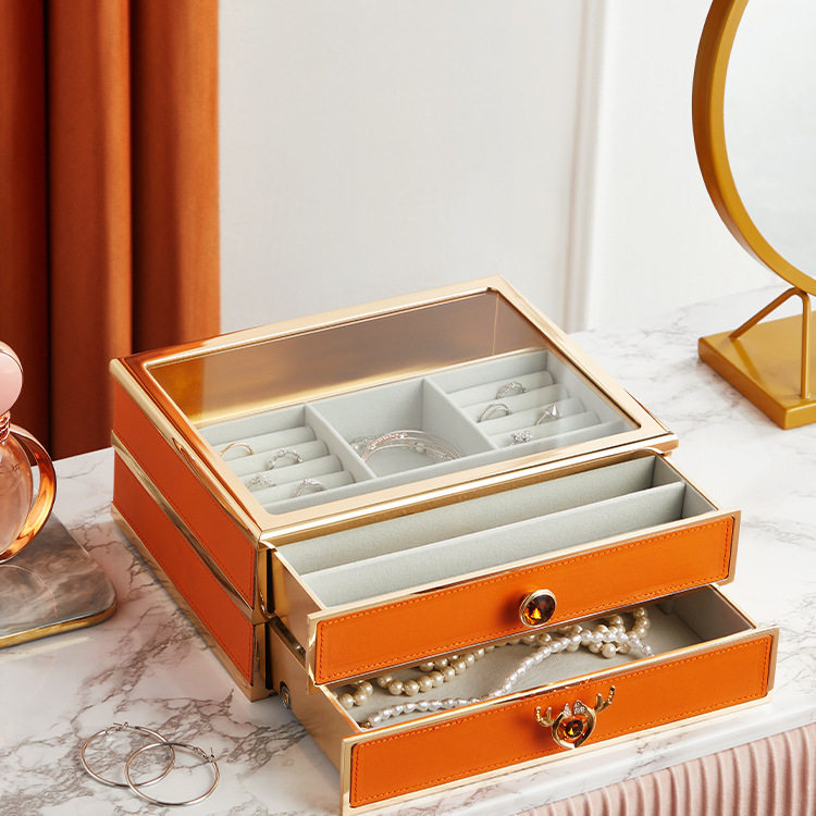 北欧金边皮革首饰珠宝盒双层收纳盒项链耳环钉戒指桌面防尘收纳盒,收纳整理,首饰盒,淘宝优惠券,粉丝福利购,淘宝优惠卷