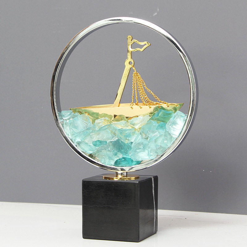 现代蓝水晶一帆风顺船摆件羽毛球话筒奖杯客厅酒柜高档装饰品摆件