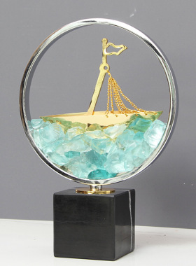 现代蓝水晶一帆风顺船摆件羽毛球话筒奖杯客厅酒柜高档装饰品摆件