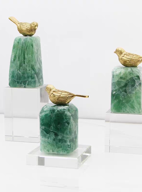 绿水晶石黄铜鸟高级感摆件