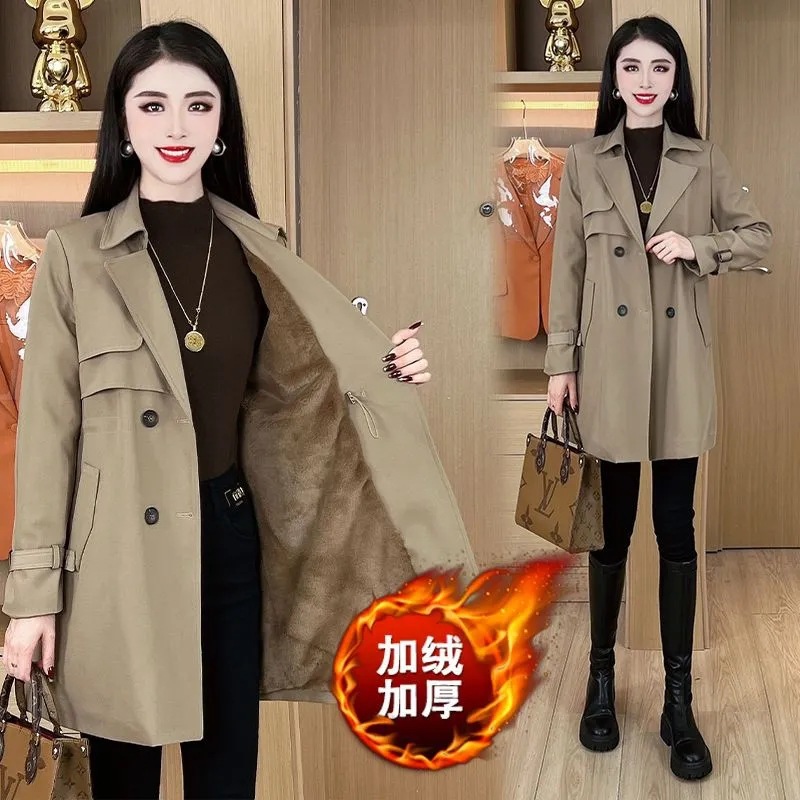 加绒加厚风衣外套女2025秋冬新款时尚收腰中长款显瘦保暖气质大衣