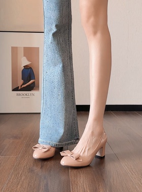 裸色高跟鞋女2025春秋新款配裙子蝴蝶结粗跟气质玛丽珍鞋浅口单鞋