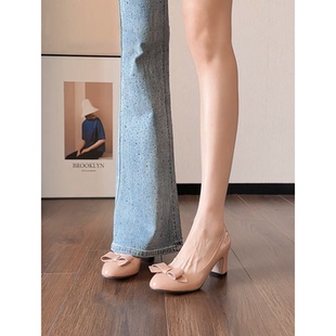 浅口单鞋 裸色高跟鞋 配裙子蝴蝶结粗跟气质玛丽珍鞋 新款 女2026春季