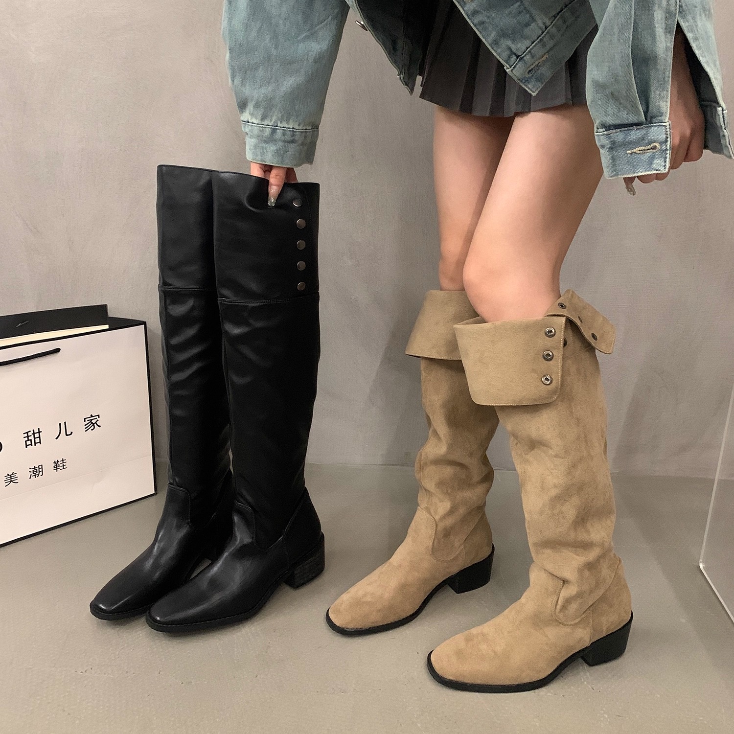 设计褶皱堆堆靴复古骑士靴