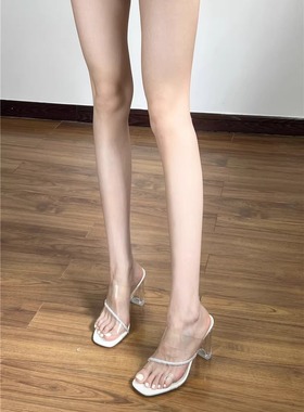 绝美法式透明高跟鞋凉鞋女夏季新款粗跟白色水晶一字带凉拖鞋外穿
