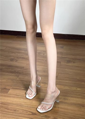 绝美水晶夏季粗跟透明凉拖鞋法式