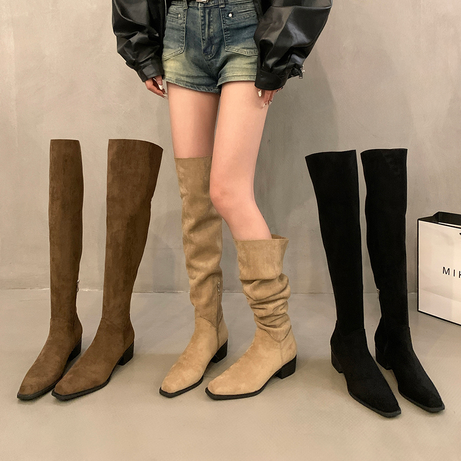 棕色粗跟过膝靴女鞋加绒长靴