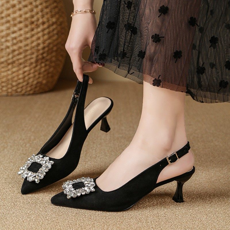黑色尖头高跟鞋水钻包头凉鞋女2026春夏季新款时尚细跟配裙子外穿,女鞋,时装凉鞋,淘宝优惠券,粉丝福利购,淘宝优惠卷