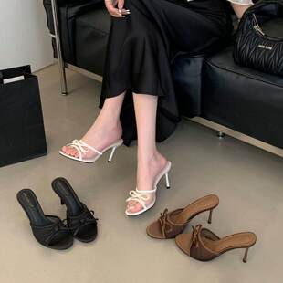 细跟露趾方头气质高跟拖鞋 新款 女2026夏季 性感风蝴蝶结一字带凉鞋