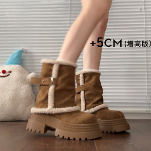 靴 皮毛一体加绒保暖东北大棉鞋 厚底增高中筒雪地靴女2025新款 冬季