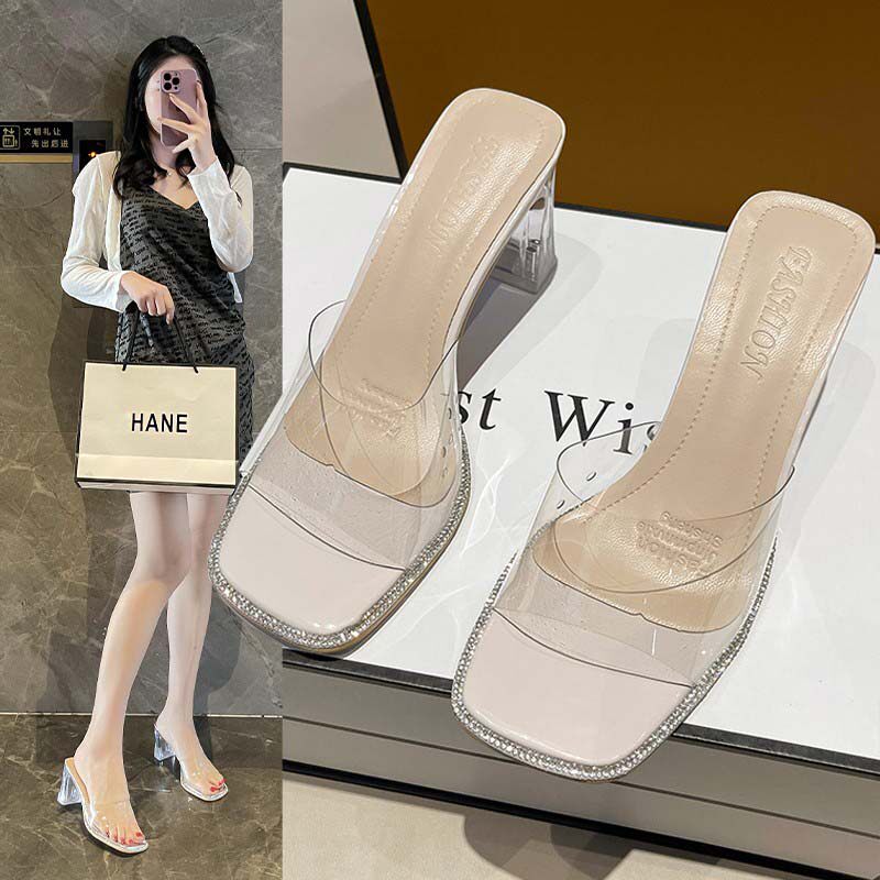 2026夏季新款透明高跟鞋女一字凉拖鞋外穿时尚水晶粗跟法式凉鞋子