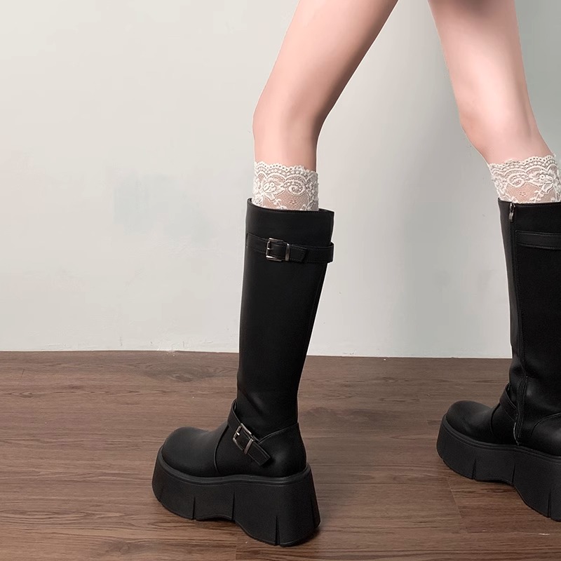 增高厚底春秋显瘦黑色骑士靴复古