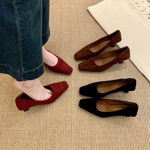 方头高跟鞋 气质通勤工作鞋 晚晚风酒红色单鞋 新款 子 女2026春季 法式