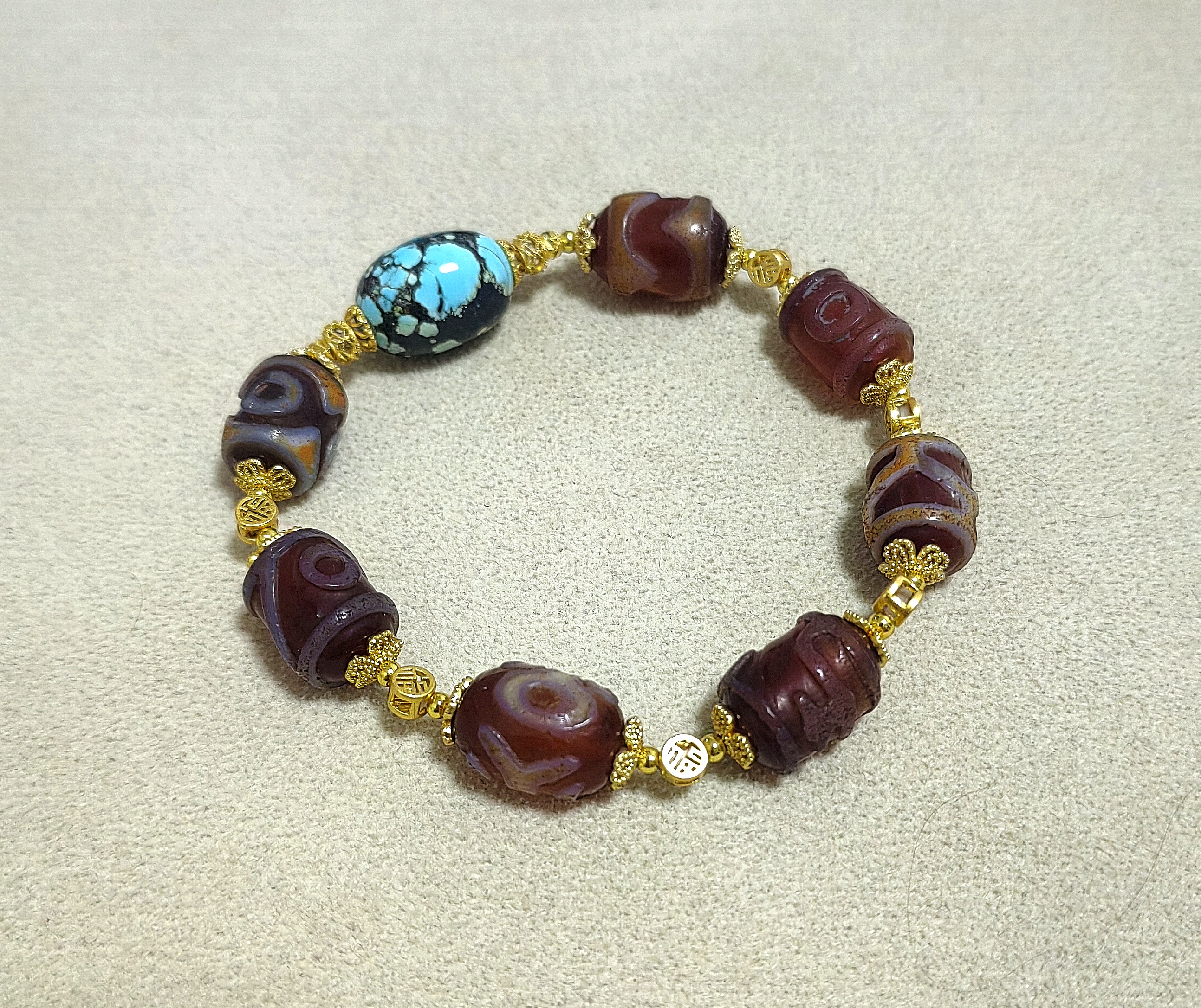 488-天然玛瑙天珠手串搭配天然绿松