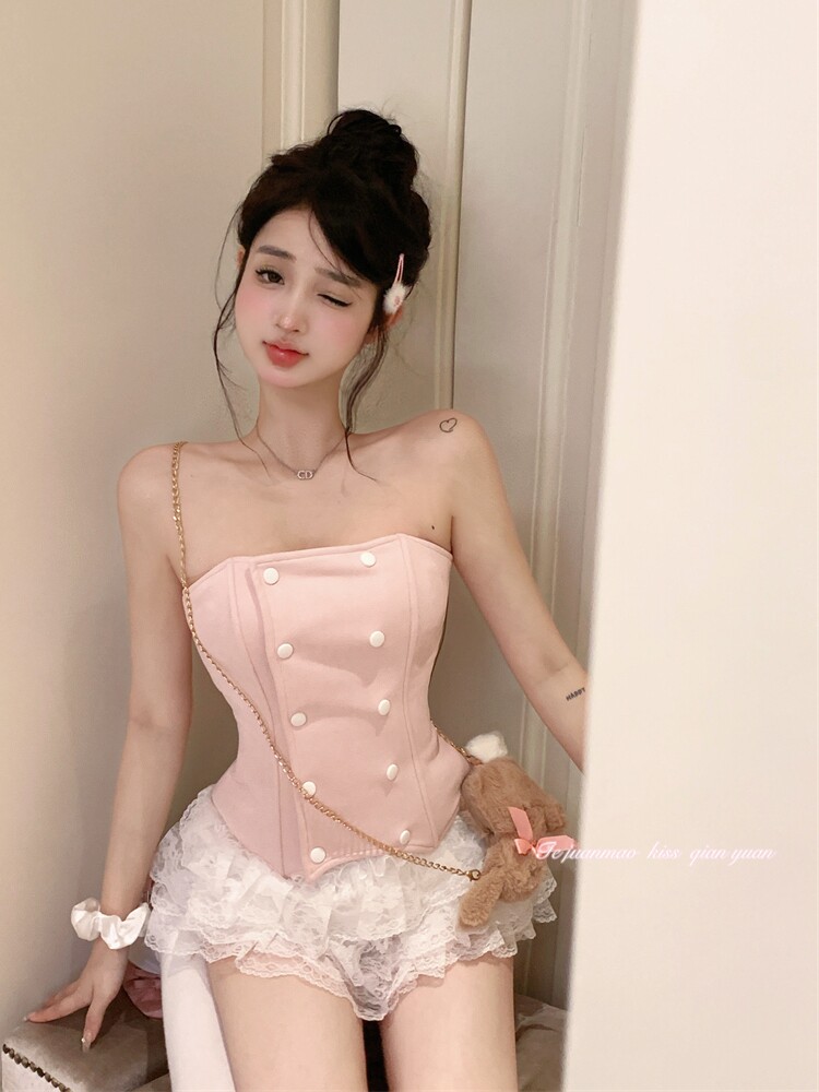 여름 여성 수트 스위트 핑크 튜브탑 청순한 러스틱 스타일 디자인 니치 슬림핏 탑 하이웨이스트 케이크 스커트