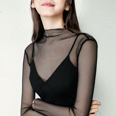 打底衫女长袖上衣蕾丝内搭网纱