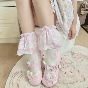 洛丽塔花边小腿袜女春秋款蝴蝶结蕾丝短袜lolita花边棉袜女
