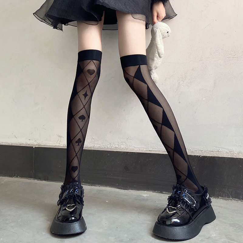哥特jk扑克牌过膝丝袜子女夏季超薄款Lolita大腿黑丝长筒袜ins潮