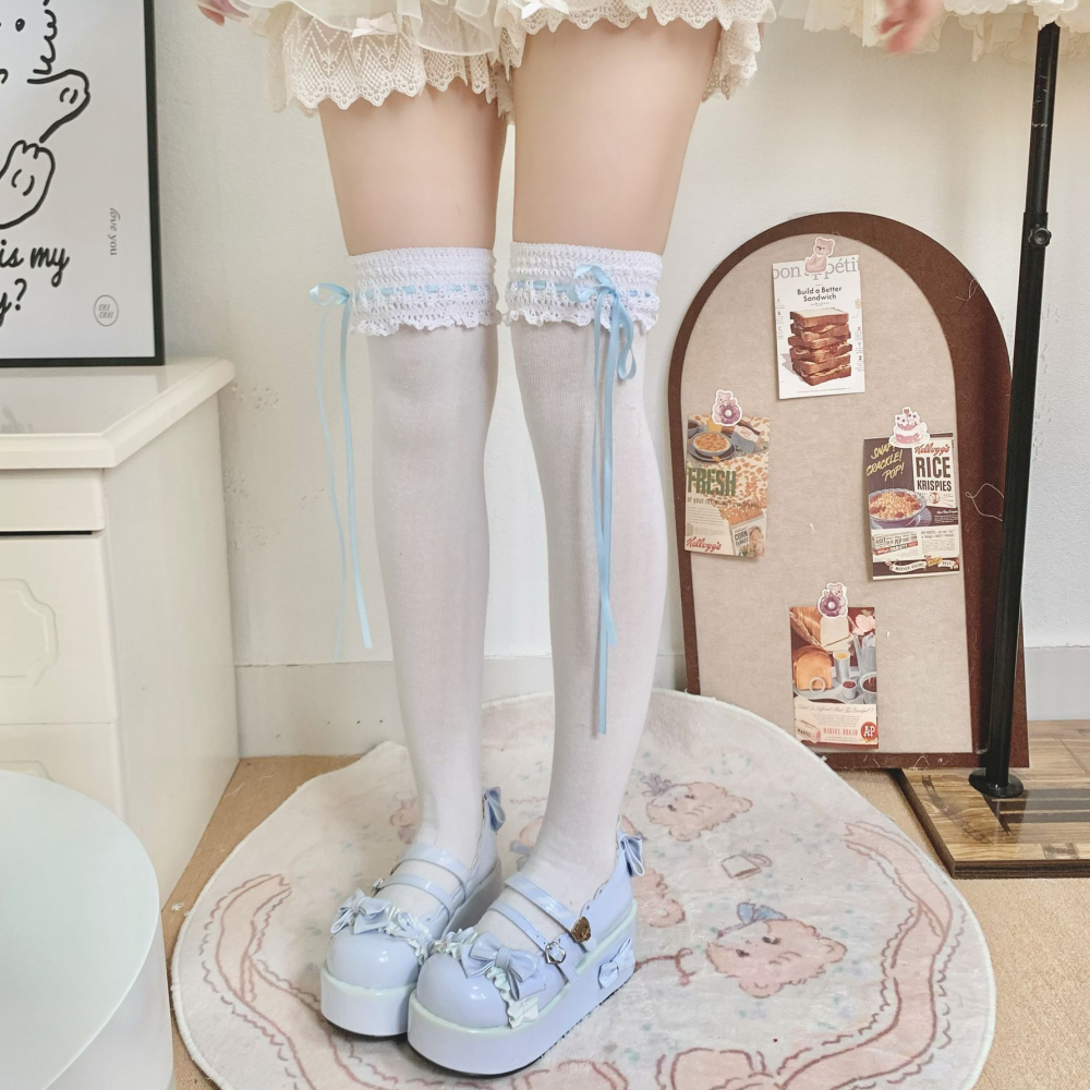 lolita蕾丝花边过膝袜女洛丽塔棉袜百搭系带大腿袜子doll感堆堆袜 - 实物图
