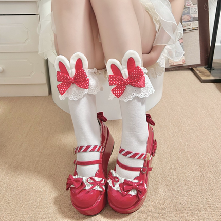 蝴蝶结波点小兔耳朵花边袜女lolita短袜洛丽塔小腿袜子甜美棉袜