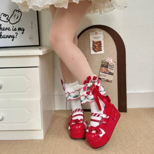 莓之絮语 草莓徽章小腿袜女蝴蝶结蕾丝短袜lolita花边棉袜堆堆袜