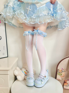 蓝色花边Lolita袜子女春季蝴蝶结高筒袜洛丽塔芭蕾风jk过膝天鹅绒