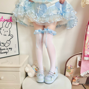 蓝色花边Lolita袜子女春季蝴蝶结高筒袜洛丽塔芭蕾风jk过膝天鹅绒