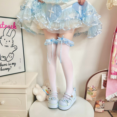 蓝色花边Lolita袜子女春季蝴蝶结高筒袜洛丽塔芭蕾风jk过膝天鹅绒