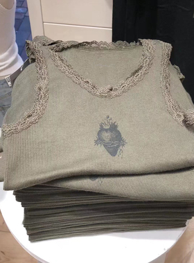 Lace Green Heart Print Tank Top Casual蕾丝绿色心脏印花背心女