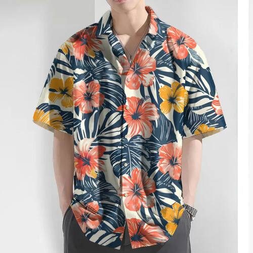 翻领印花系扣短袖T恤Flip collar printed short sleeved T-shirt