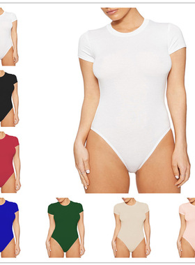 Solid color round neck short sleeved jumpsuit纯色圆领连体衣