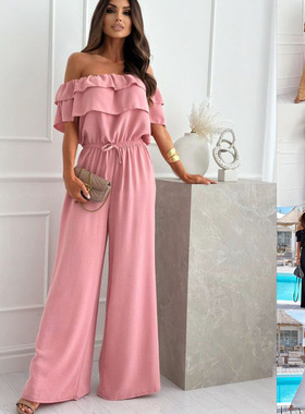 One collar waist cinched jumpsuit pants 纯色一字领收腰连体裤