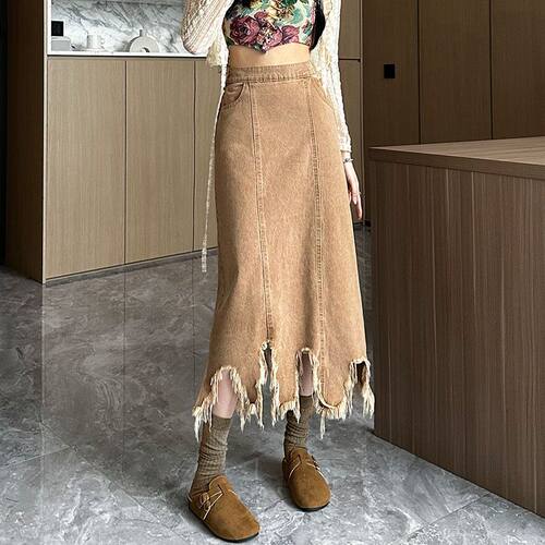 Solid high waisted ruffled mid length skirt毛边中长款半身裙