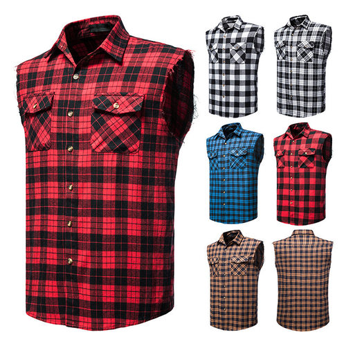 Checkered multi-color sleeveless shirt格子口袋多色无袖衬衣男
